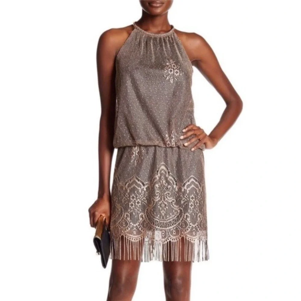 S.L. FASHIONS Women's Blouson  Halter Crochet Dress Flapper Fringe Sz 6 Gold NEW
